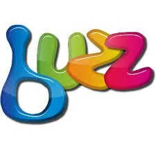 Colorful plastic letters spelling 'buzz' in playful font.