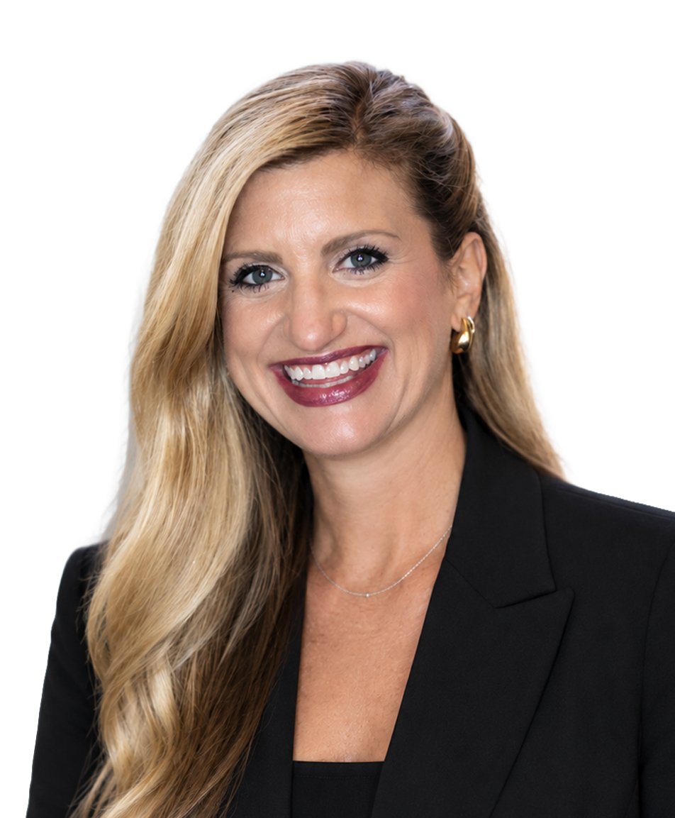 A professional woman with long blonde hair, wearing a black blazer and gold earrings, smiling against a white background.