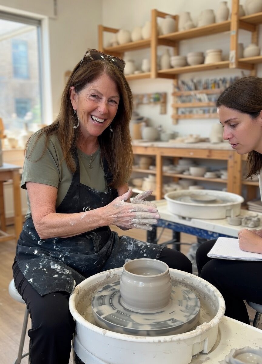 A woman is shaping a ceramic pot on a pottery wheel in a ceramics studio. She is smiling and has glasses resting on her head. Another woman is observing and taking notes nearby.