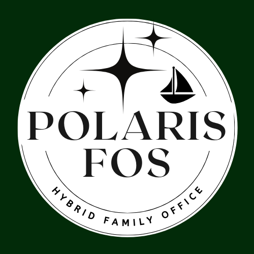 Polaris FOS logo with stars and a sailboat, and text "Hybrid Family Office" on a circular design.