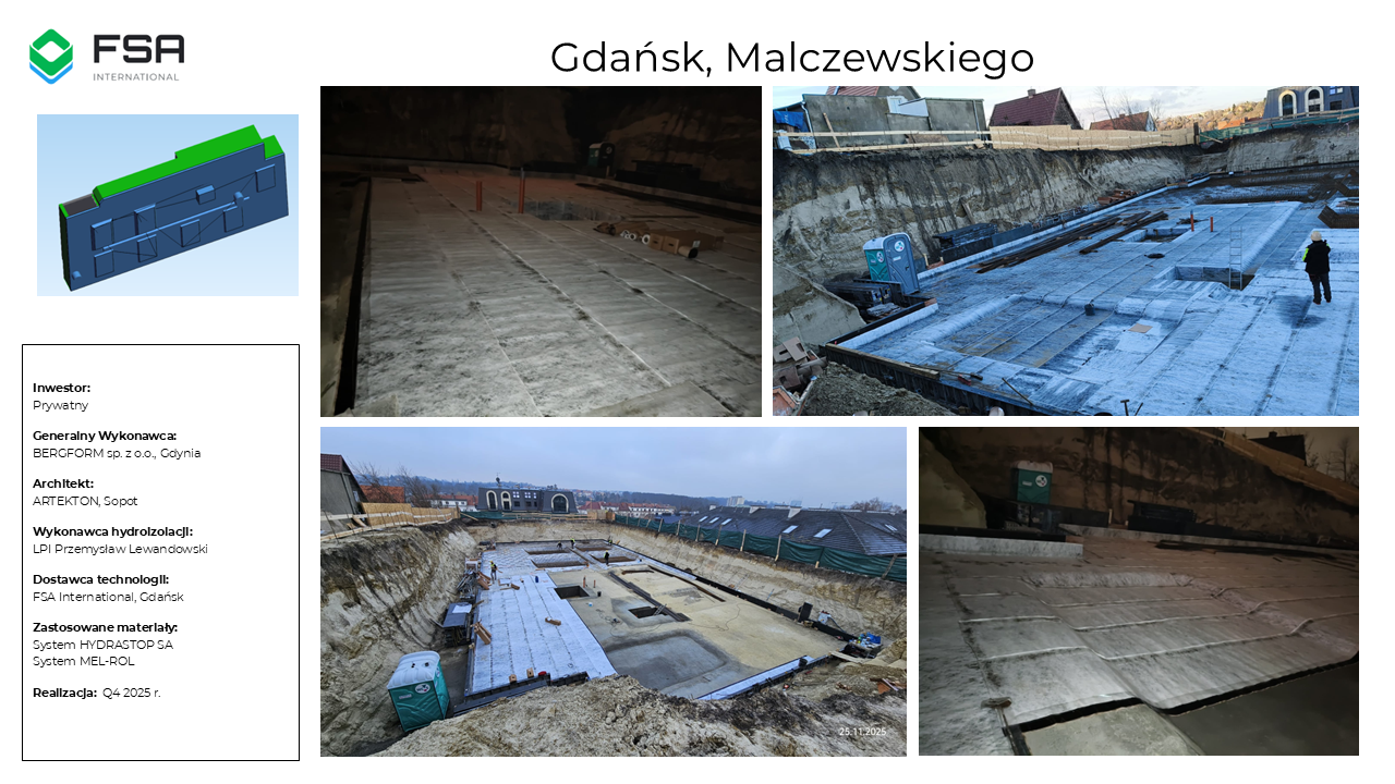 Construction site in Gdańsk Malczewskiego with concrete foundation work in progress, construction workers, and construction materials.