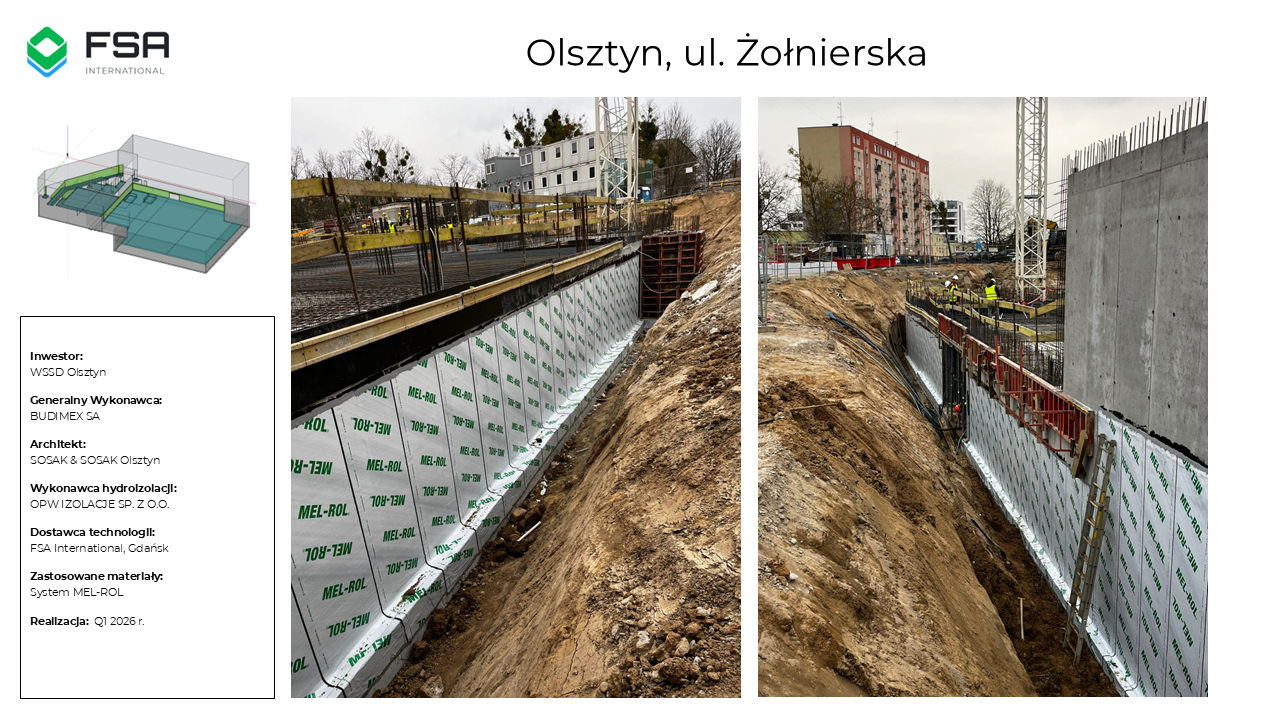 Construction site in Olsztyn, Poland, showing the installation of a basement waterproofing system with workers and building structures in the background.