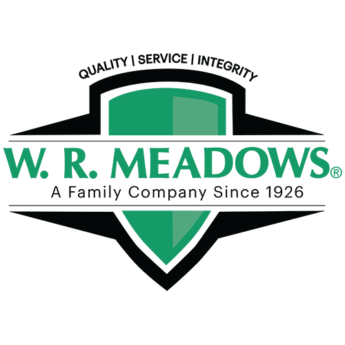 Logo for W. R. Meadows featuring a shield with green and black colors, and text mentioning quality, service, and integrity, along with the company's name and founding year.