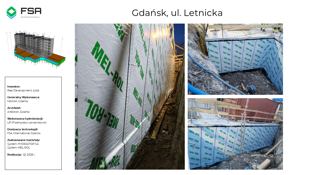 Images of construction site with waterproofing panels installed on foundation walls, some panels wrapped and secured, with construction equipment and scaffolding visible.