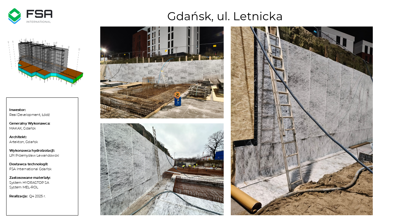 Construction site of a building with walls made of insulating panels, ladder, construction materials, and machinery, located on Gdańsk, Letnicka street, at night and daytime.