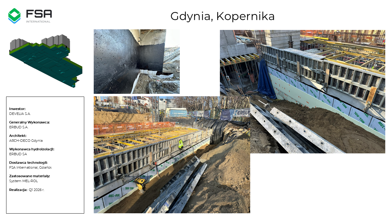Construction site in Gdynia, Kopernika, showcasing ongoing building work with foundation and frame structures, construction workers, and equipment.