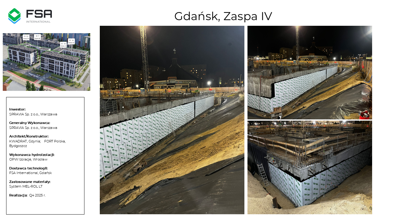 Nighttime construction site in Gdańsk Zaspa IV with concrete walls, scaffolding, and construction equipment, including a tower crane, under dark sky.