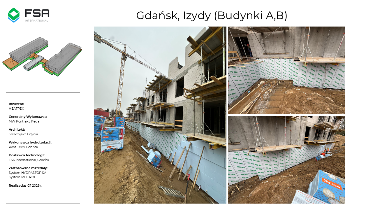 Construction site with partially built concrete buildings, construction materials, and a tower crane, showing progress on building A and B in Gdańsk, Poland.