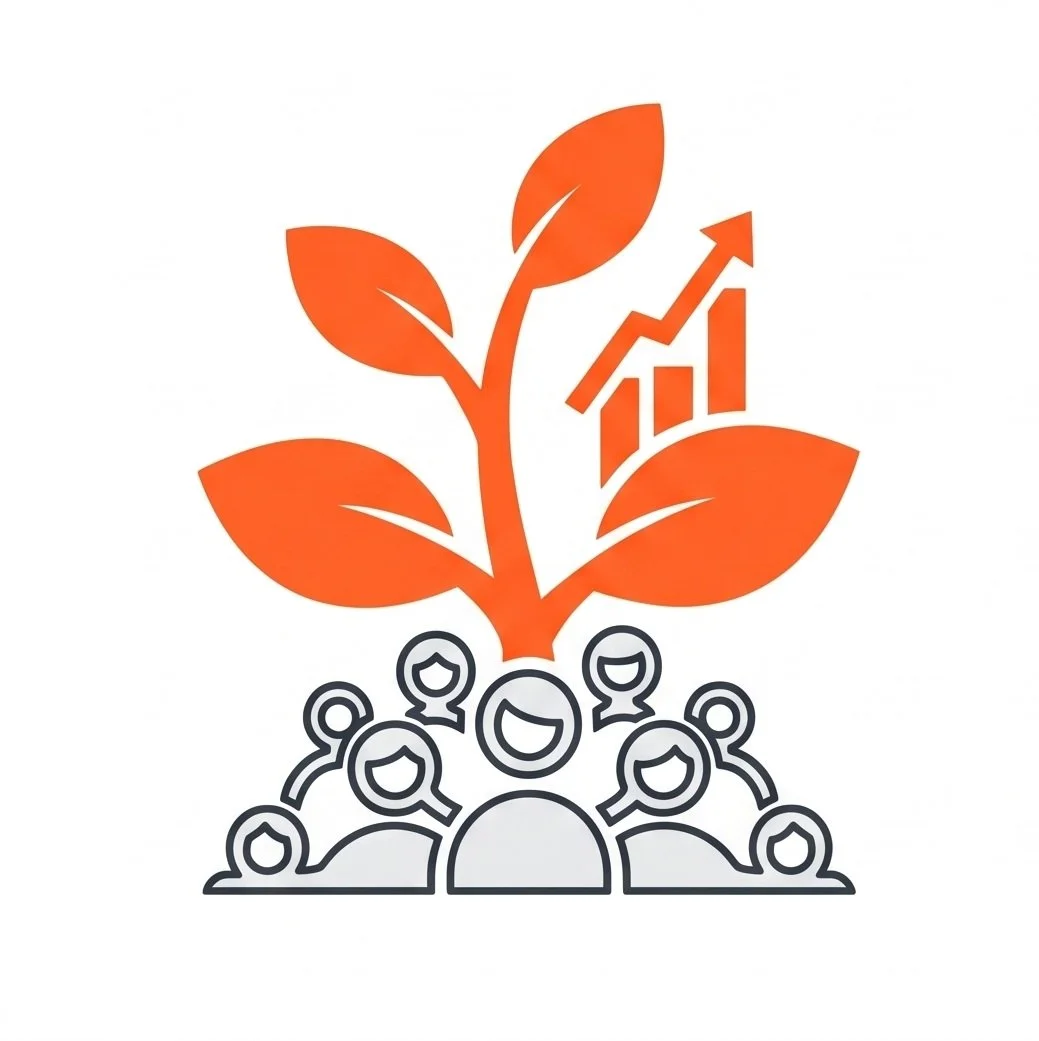 An icon showing a group of people, with a plant growing out the back of the group, representing 'sustain'