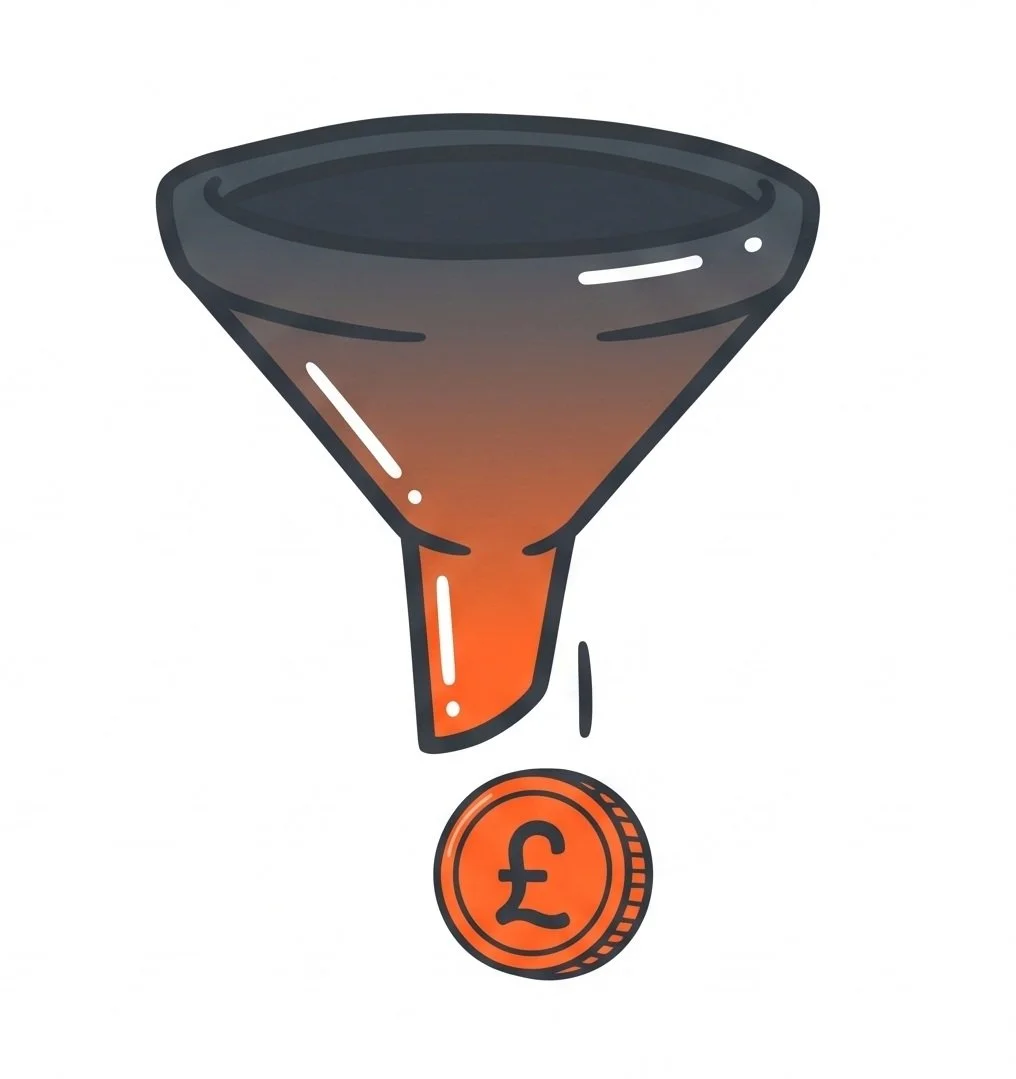 A funnel with a pound coin at the bottom representing "commercialise"