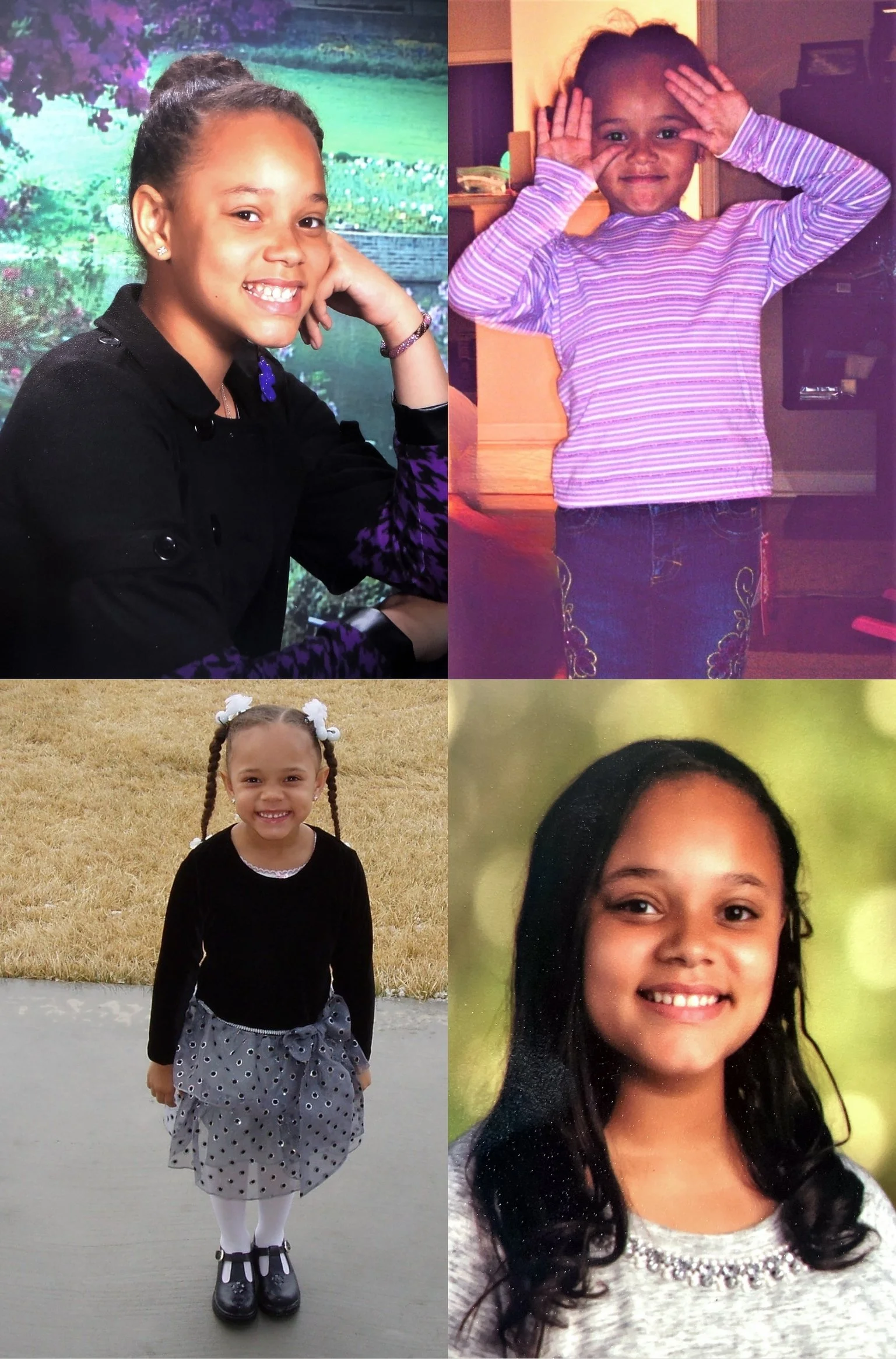 Collage of four young girls smiling, each in different settings and outfits.