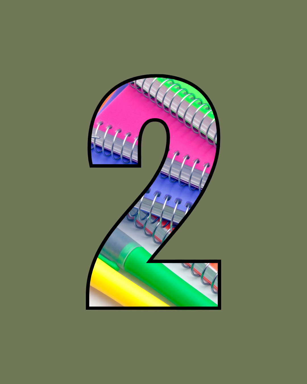 Number two with colorful spiral notebooks and pens inside.