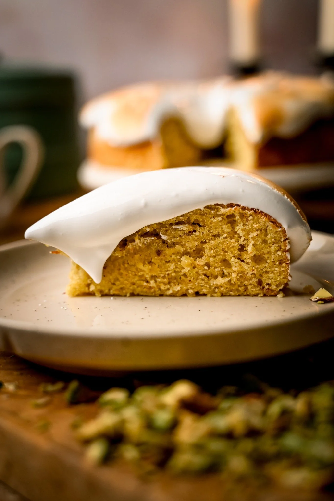 Lemon and Pistachio Cake with Torched Meringue