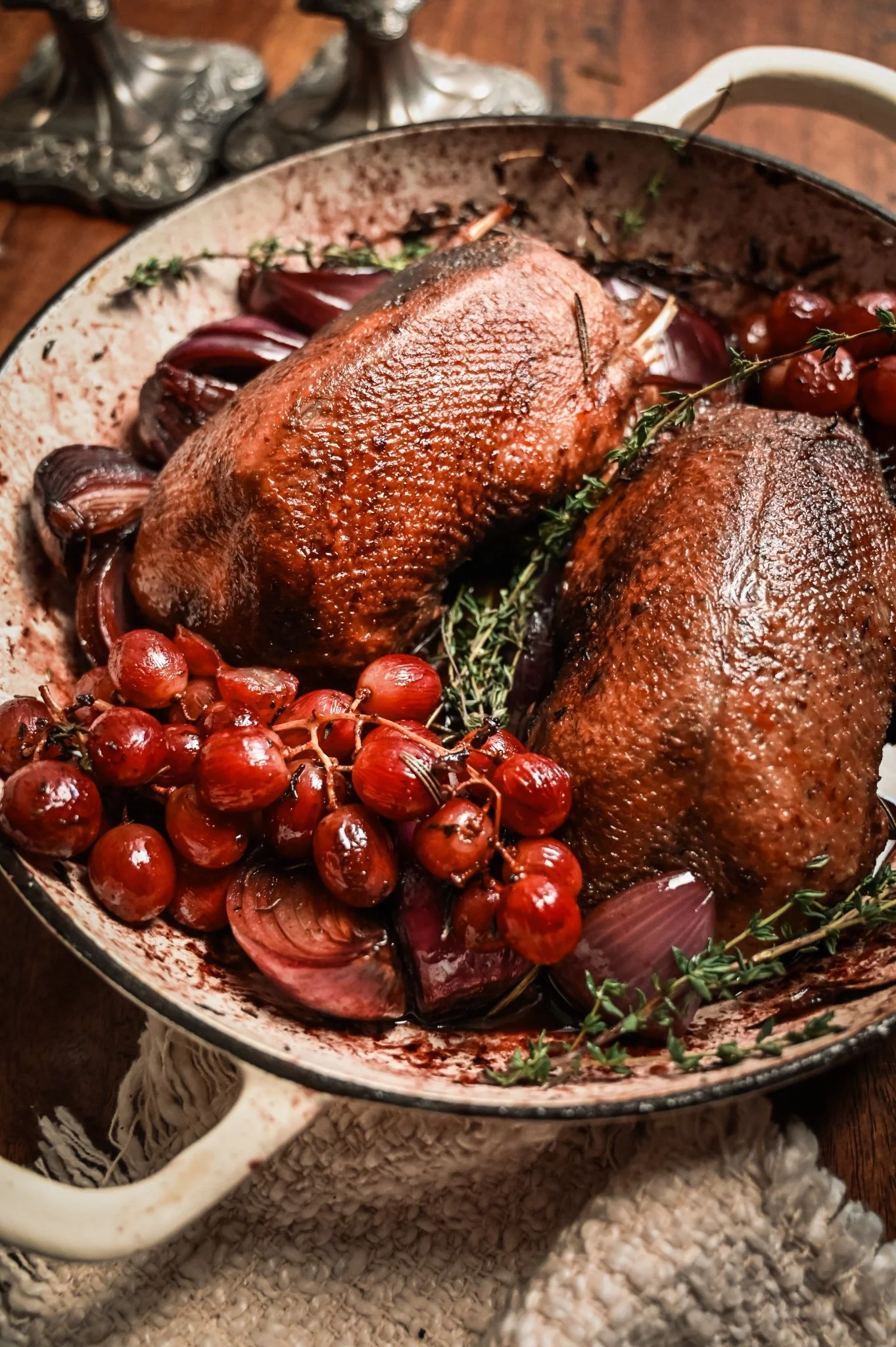 Roasted Wild Mallard with Port, Grapes and Red Onions