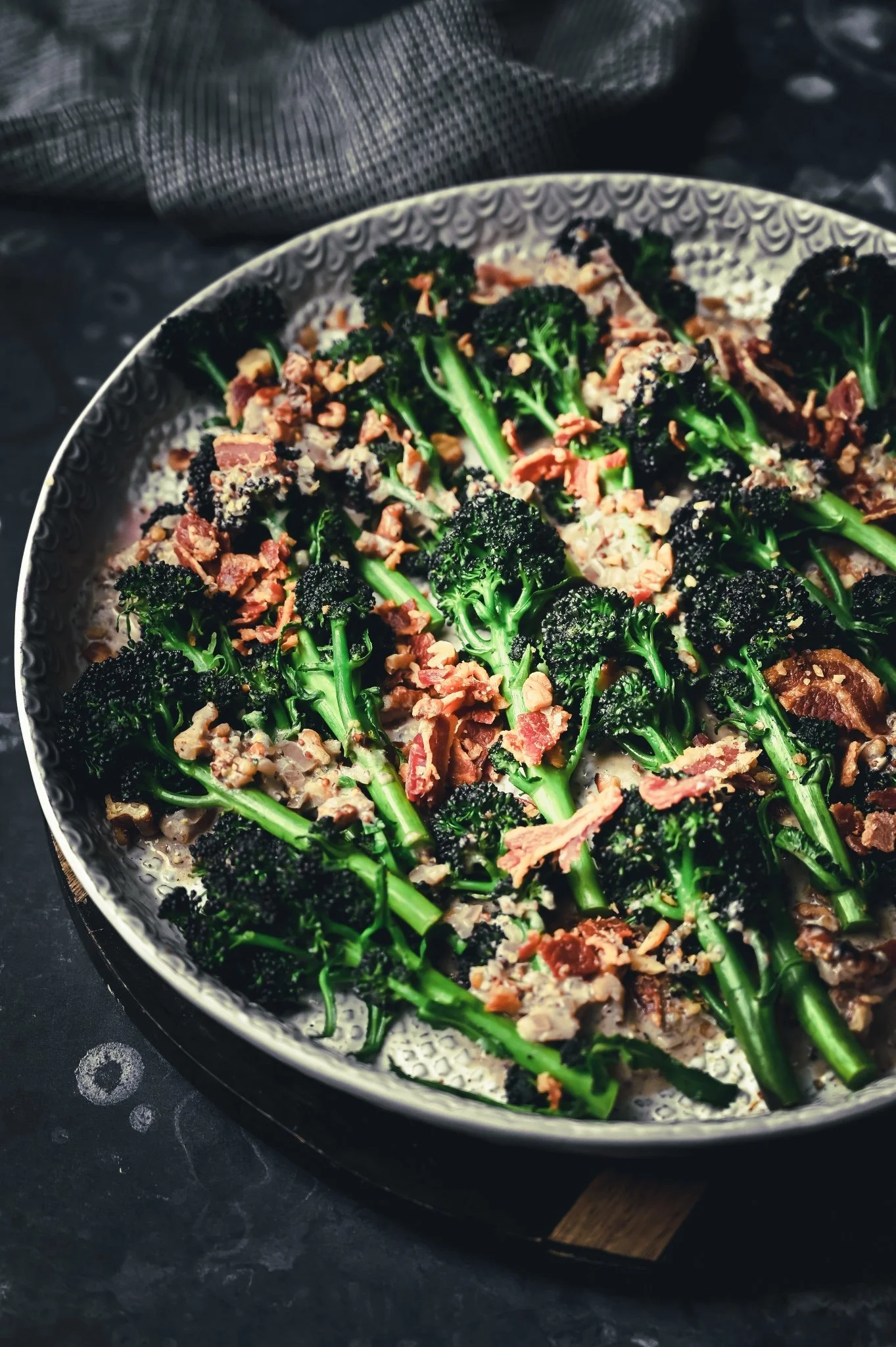 Purple Sprouting Broccoli with Walnut and Bacon