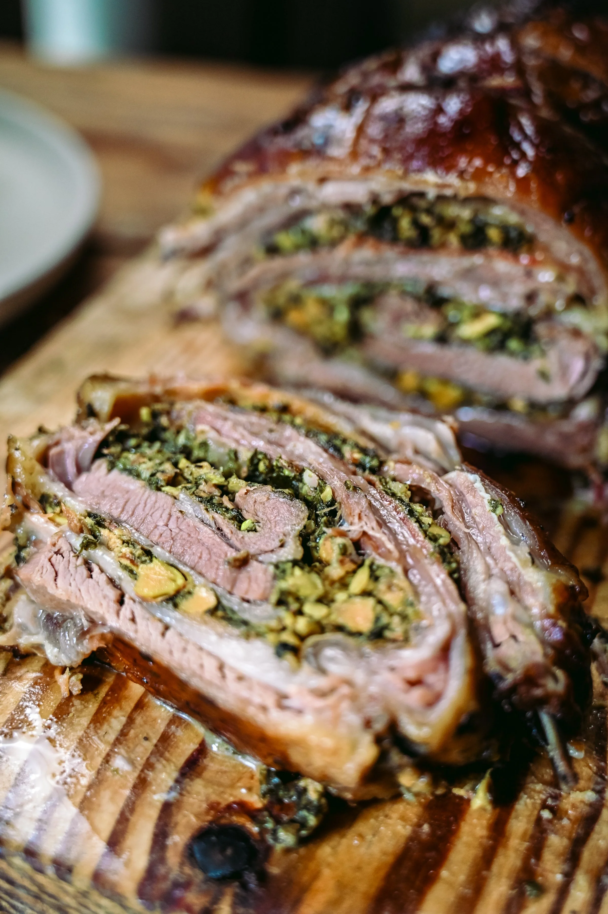 Wild Garlic, Pistachio and Anchovy Stuffed Rolled Lamb Breast
