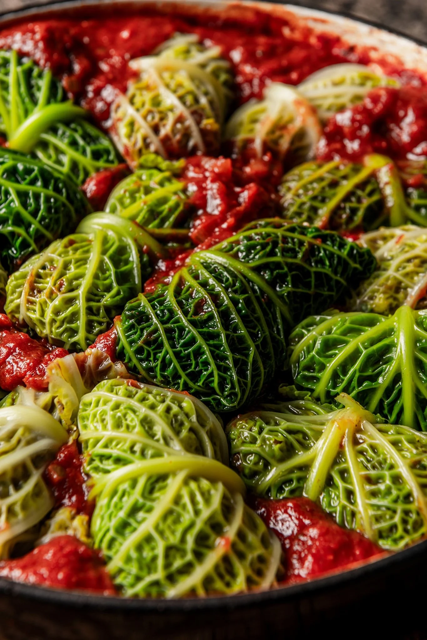 Lamb and Apricot Stuffed Savoy Cabbage Rolls with Harissa Tomato Sauce