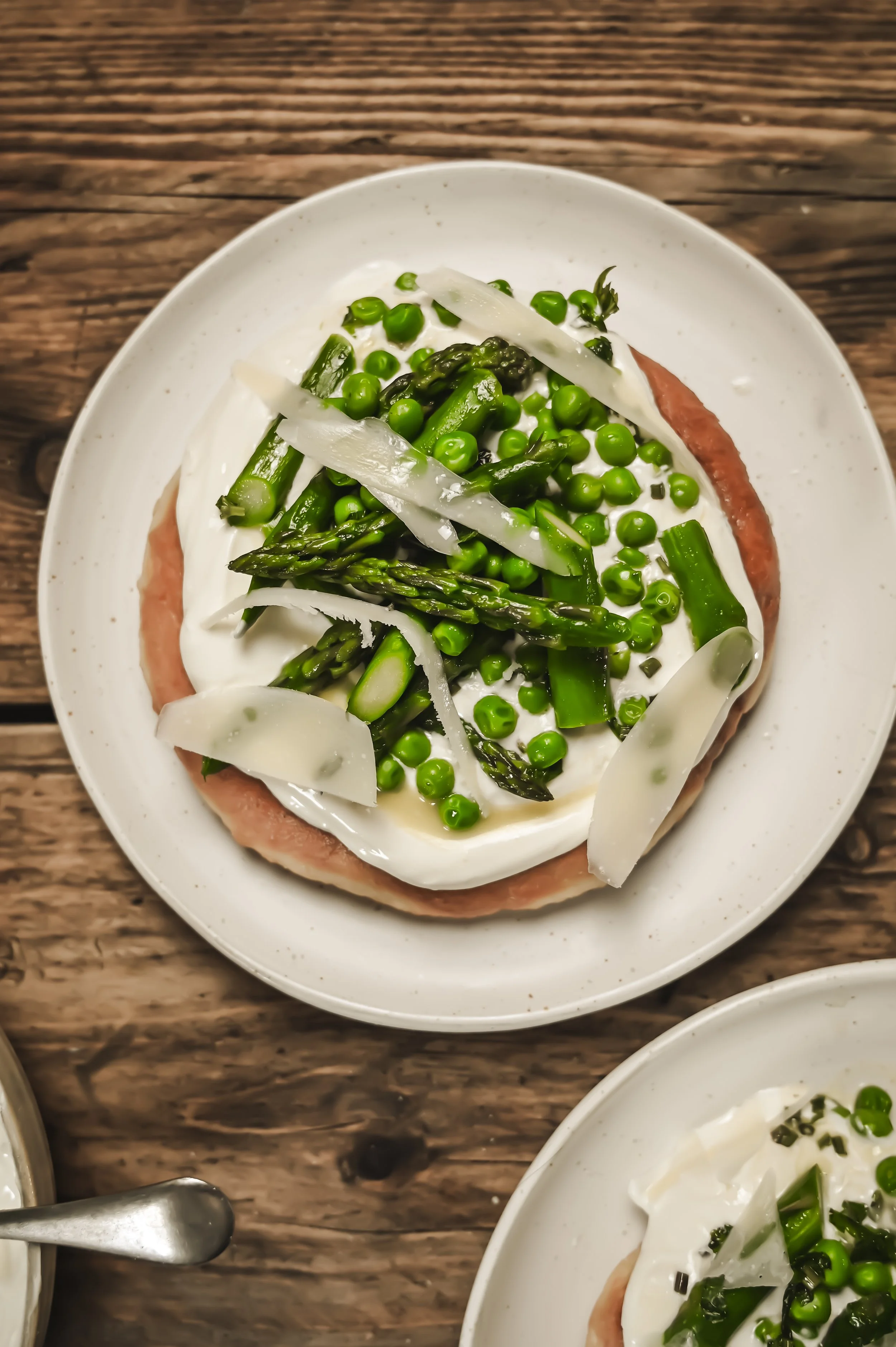 Pea, Mint and Asparagus Lángos with Lemony Sour Cream and Pecorino