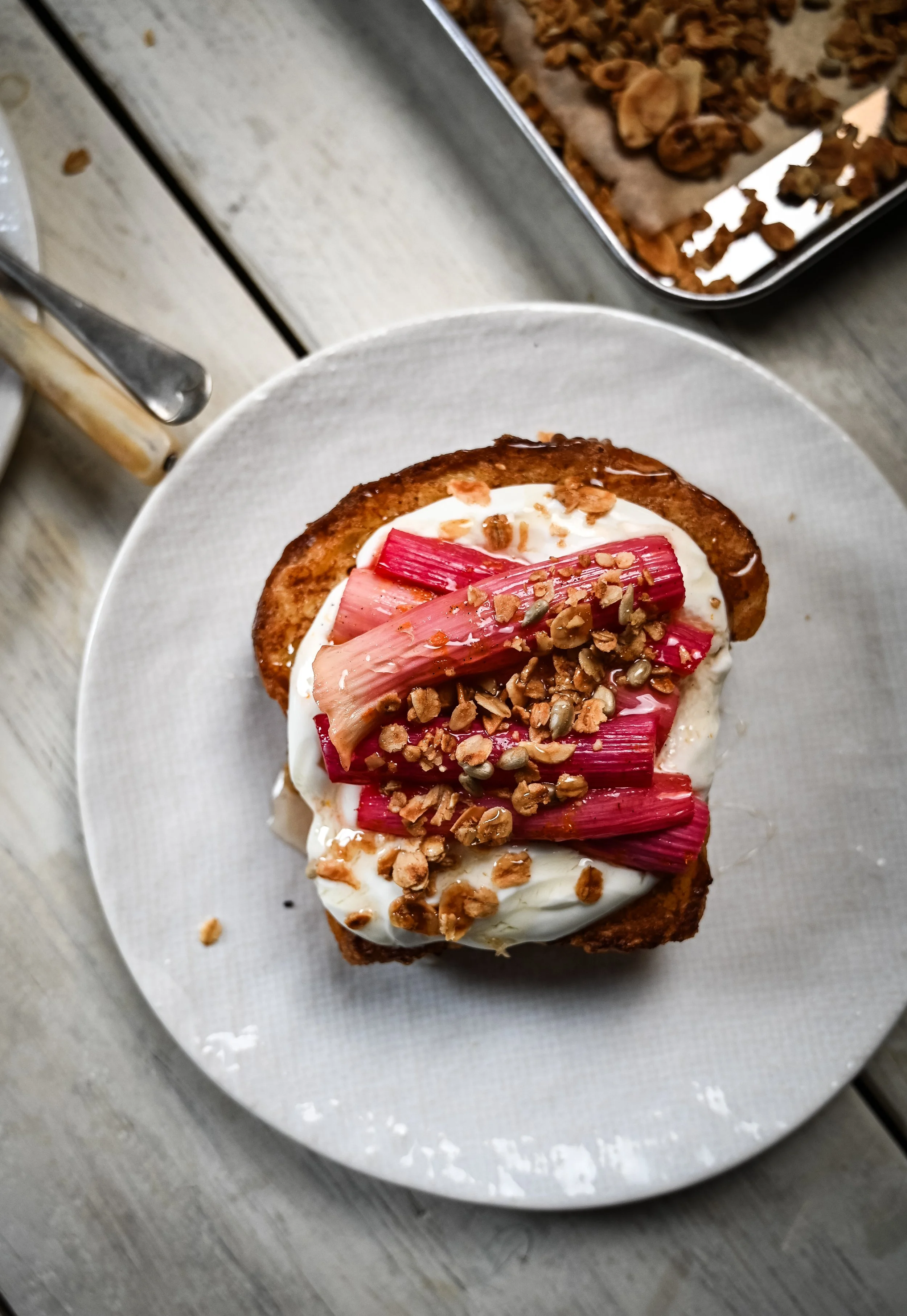 Brioche French Toast with Roasted Rhubarb and Ginger Granola