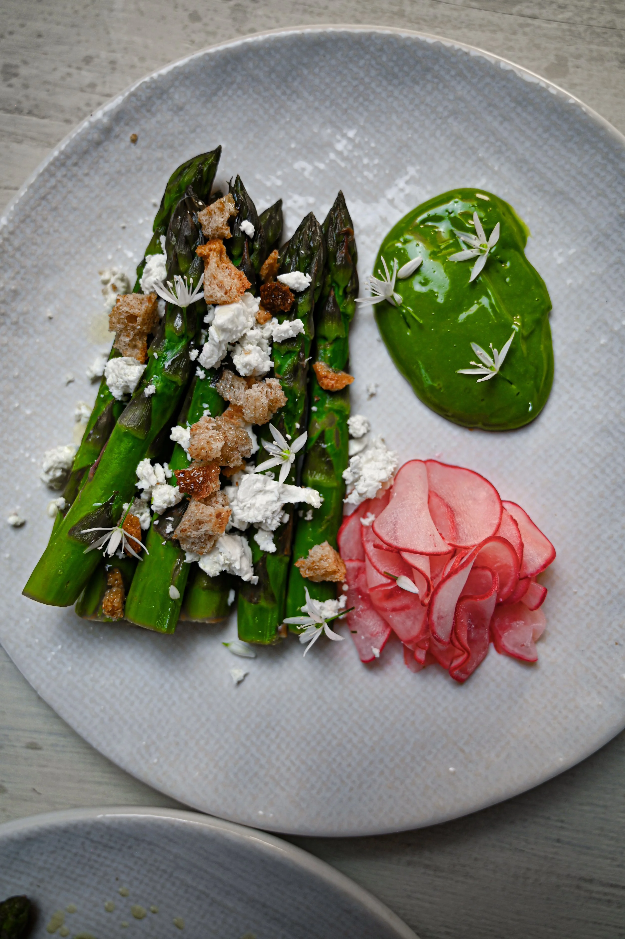 Asparagus with Wild Garlic Emulsion, Crispy Rye, Pickled Radish and Feta