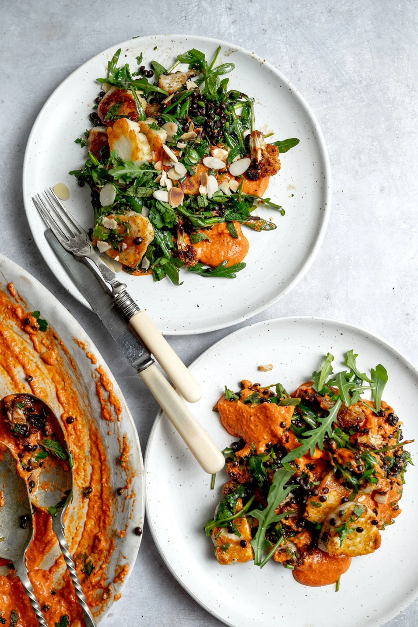 Roasted Cauliflower, Halloumi &amp; Lentil Salad with Smoky Romesco Sauce