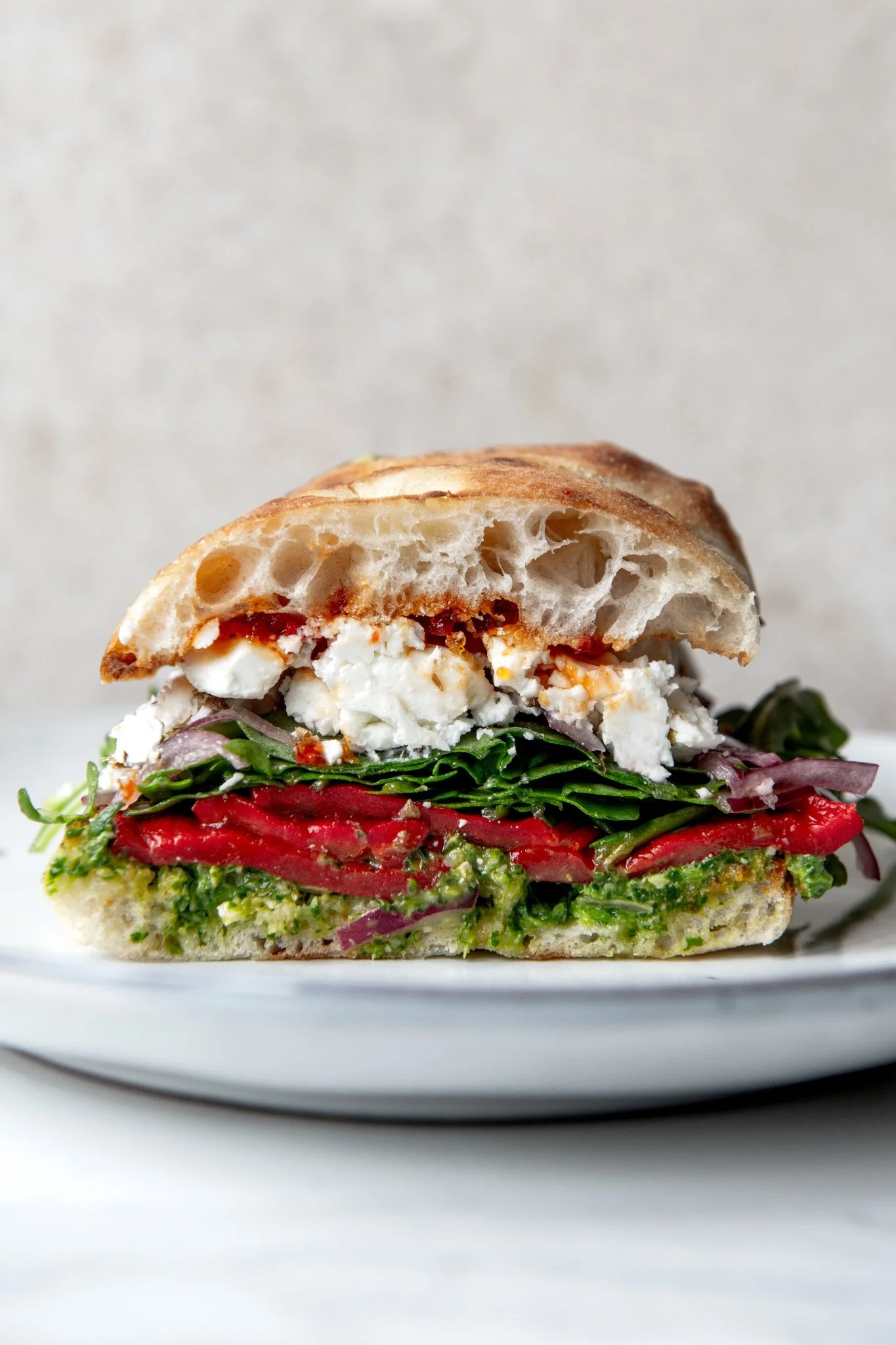 Feta and Roasted Pepper Panini with Rocket Pesto