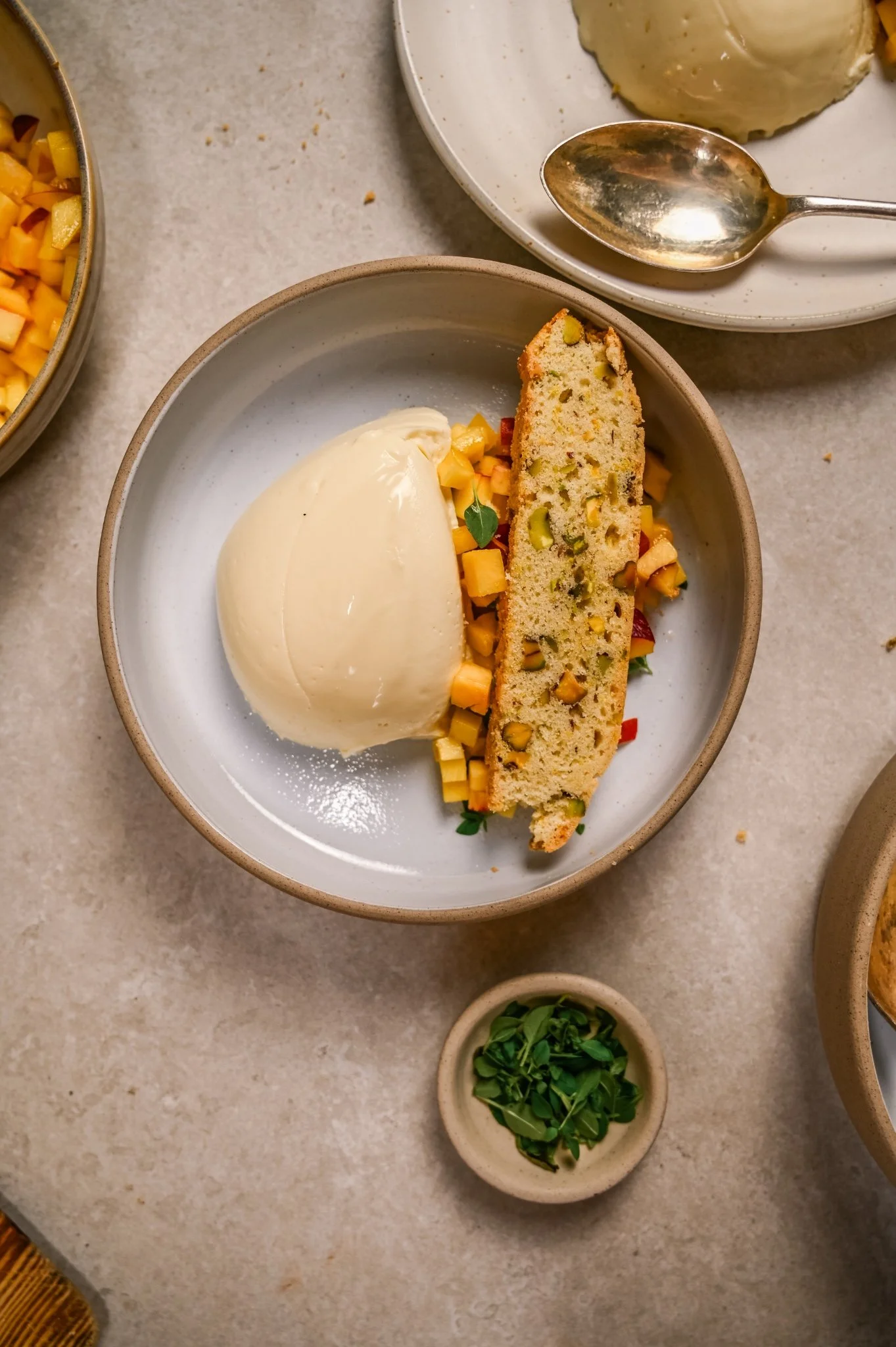 Honey &amp; Buttermilk Panna Cotta with Peach &amp; Pistachio Biscuits