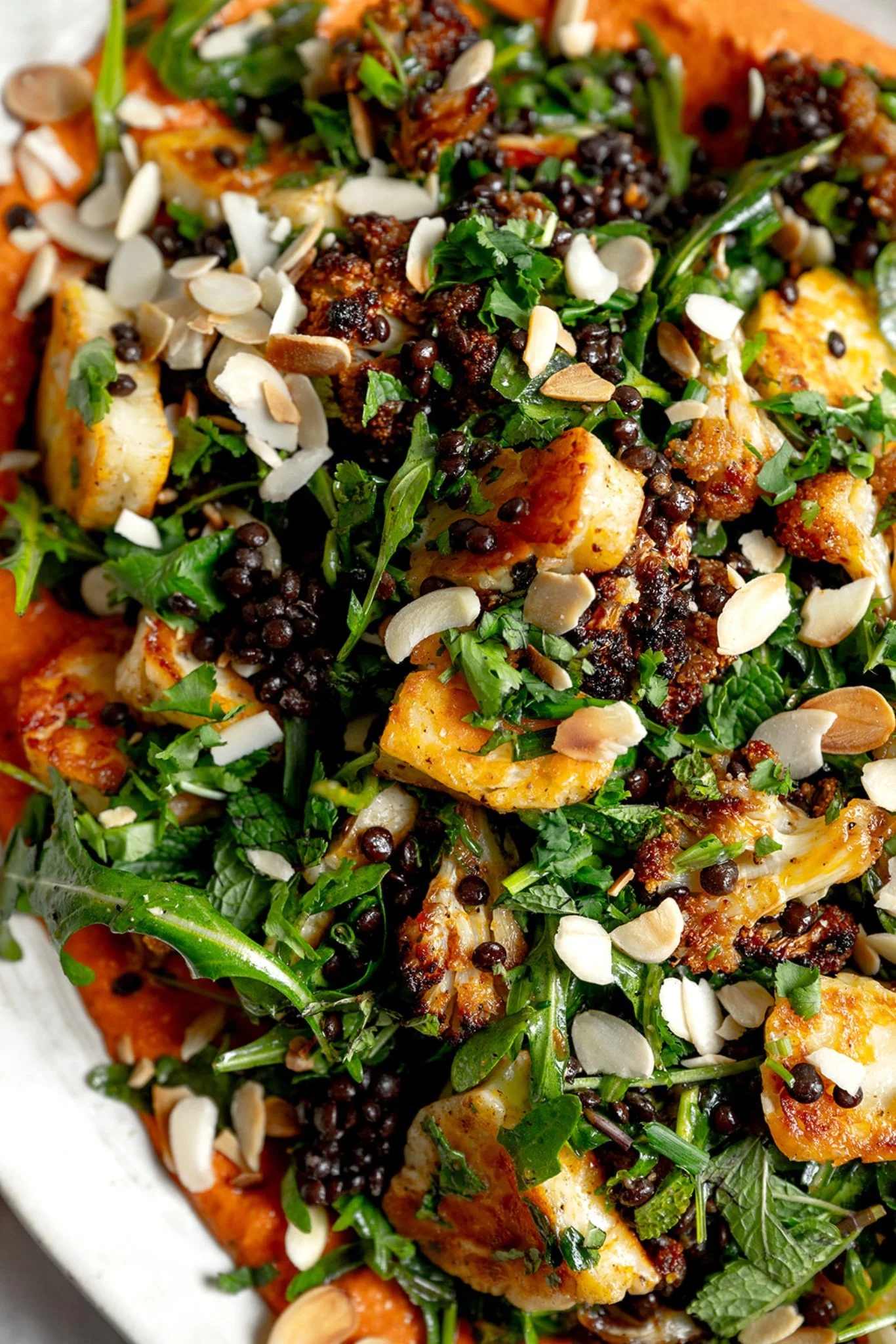 Close-up of roasted cauliflower, seared halloumi and black beluga lentils with rocket, coriander and mint, scattered with toasted flaked almonds, over a smoky romesco dressing.