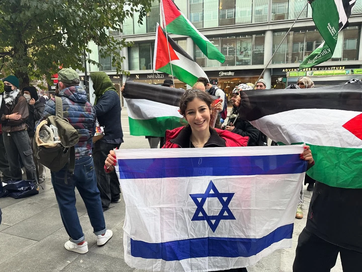 Outside UCL surrounded my protestors who are blocking the entrance to hear @adielofisrael speak about his Jewish heritage, but the event went on, and we stood proud and unintimidated.