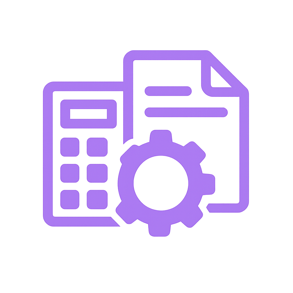 Purple icon of a calculator, a document, and a gear, representing settings or customization.