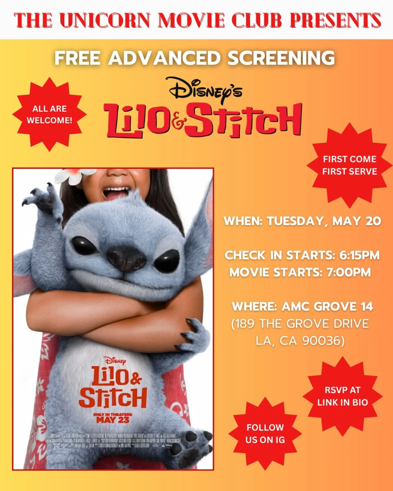 Ohana means&hellip; FAMILY FUN FOR A FREE ADVANCED SCREENING!
Unicorn Movie Club invites you to a special early screening of
Disney&rsquo;s LILO &amp; STITCH

WHEN:
🗓️ Tuesday, May 20
⏰ Check-in: 6:15PM
🎬 Movie: 7:00PM

WHERE:
📍 AMC Grove 14
189 T