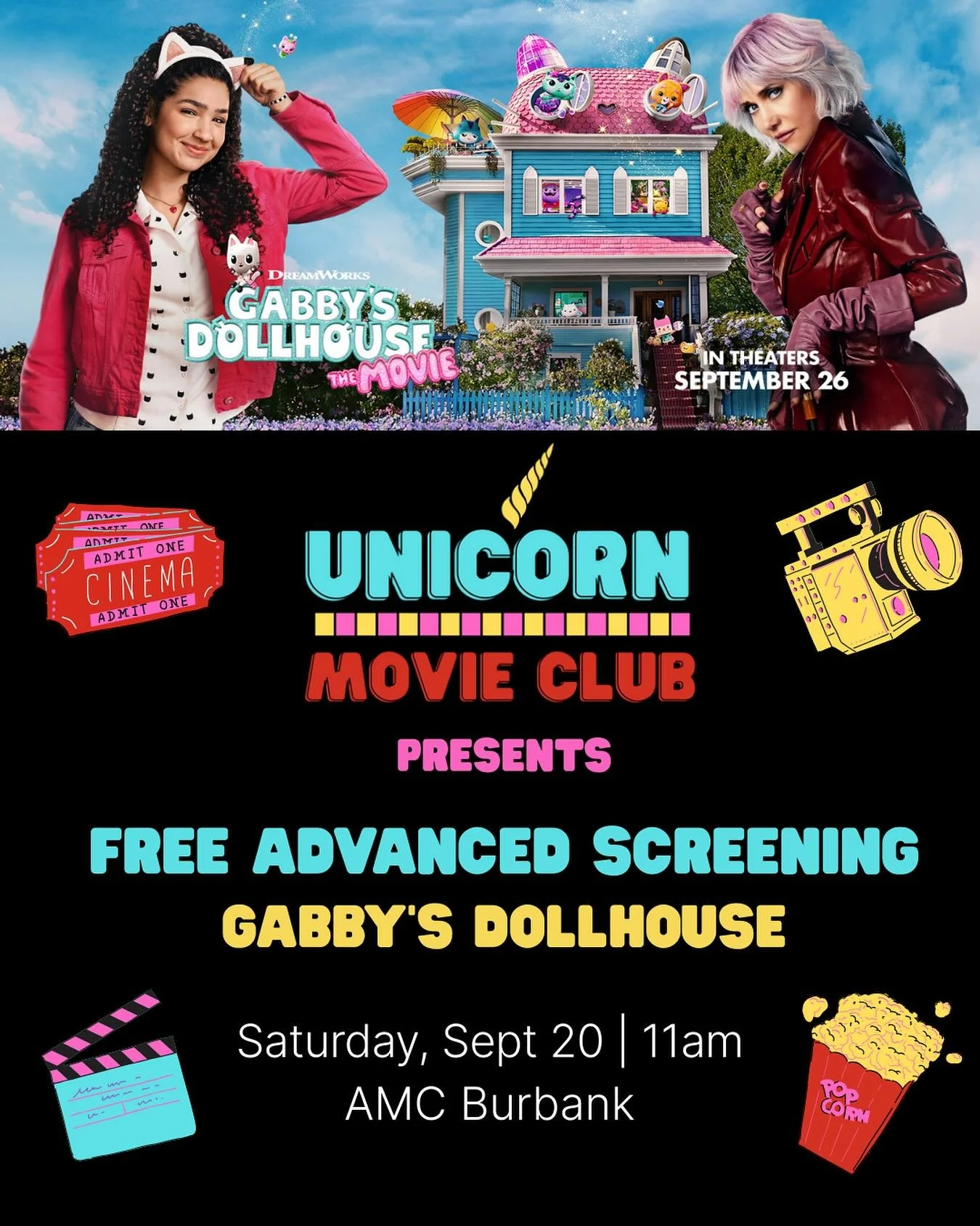 🎀🐾 Unicorn Movie Club presents
 Gabby&rsquo;s Dollhouse: A Meowgical Movie Moment! 🐱🏠 ✨ A free advanced screening, in partnership with @universalpictures ✨

🎉🌈 Perfect for families, fans, and curious kitties of all ages!

📅 Saturday, Sept 20
 