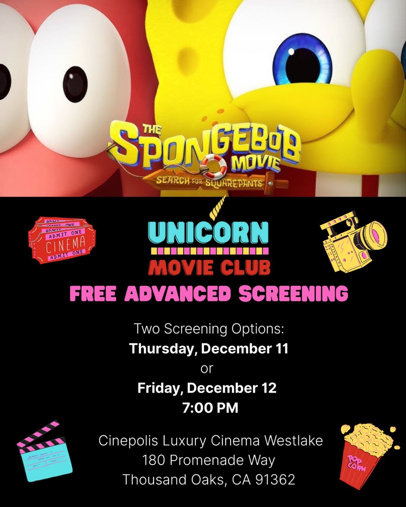 🎉 You&rsquo;re Invited! 🎬

Join Unicorn Movie Club for a FREE advanced screening of THE SPONGEBOB MOVIE: SEARCH FOR SQUAREPANTS!

In the spirit of giving, a portion of donations will support the Refugee Children&rsquo;s Center.

 👉 Donate: https:/