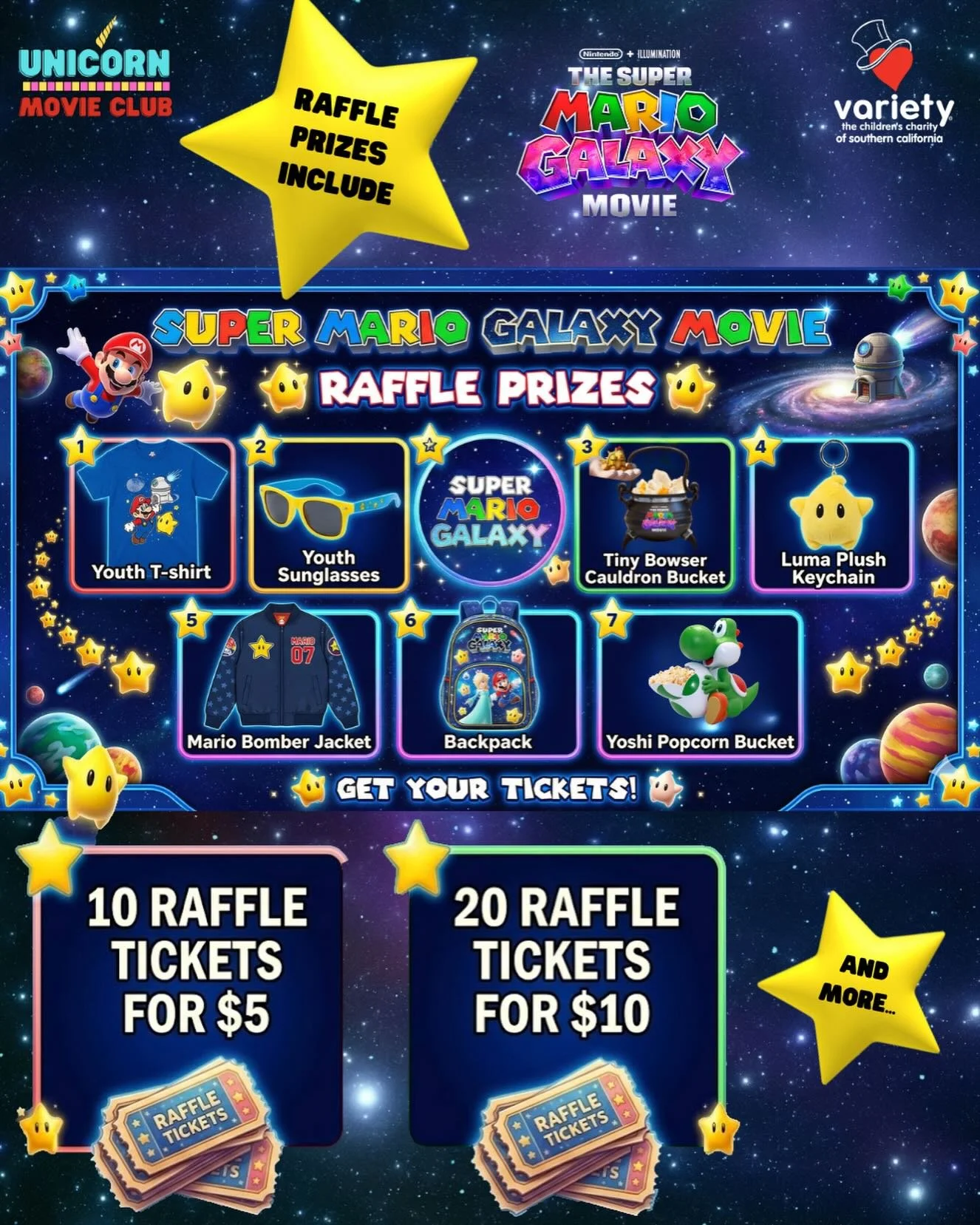 🌌 Super Mario Galaxy Raffle! 🌌
We&rsquo;ve got a massive haul of galactic raffle goodies for our screening this Sat 4/4

🧥 Mario Bomber Jacket

🎒 Galaxy-Themed Backpack

🦖 Yoshi Popcorn Bucket

🔥 Tiny Bowser Cauldron

⭐ Luma Plush Keychain

👕 