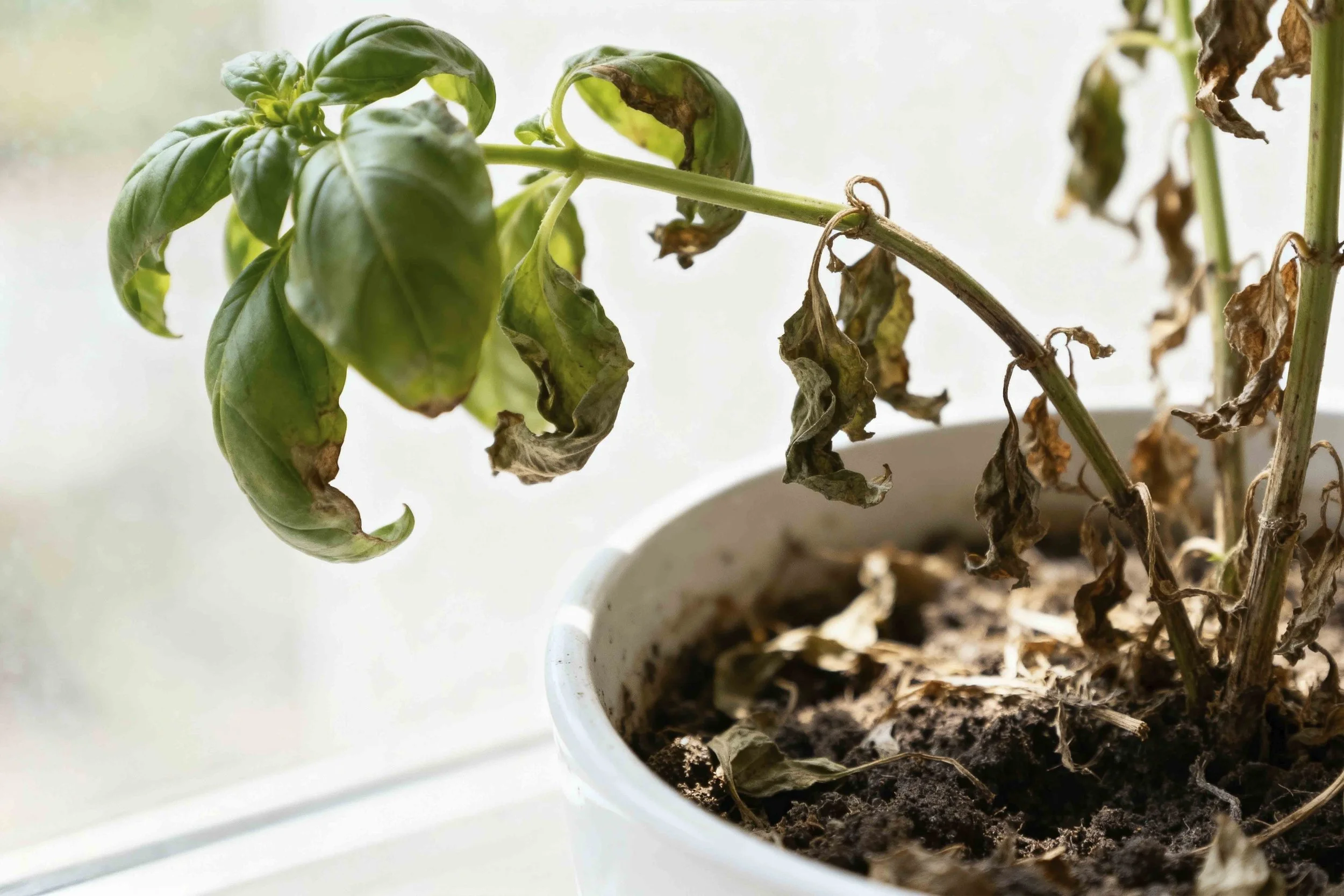 A wilting plant in a white pot, a visual metaphor for caregiver burnout and emotional depletion