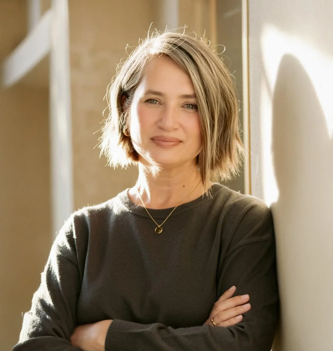 A woman with short, wavy blonde hair and blue eyes, wearing a dark gray sweater and gold necklace, standing near a wall with natural sunlight highlighting her face.