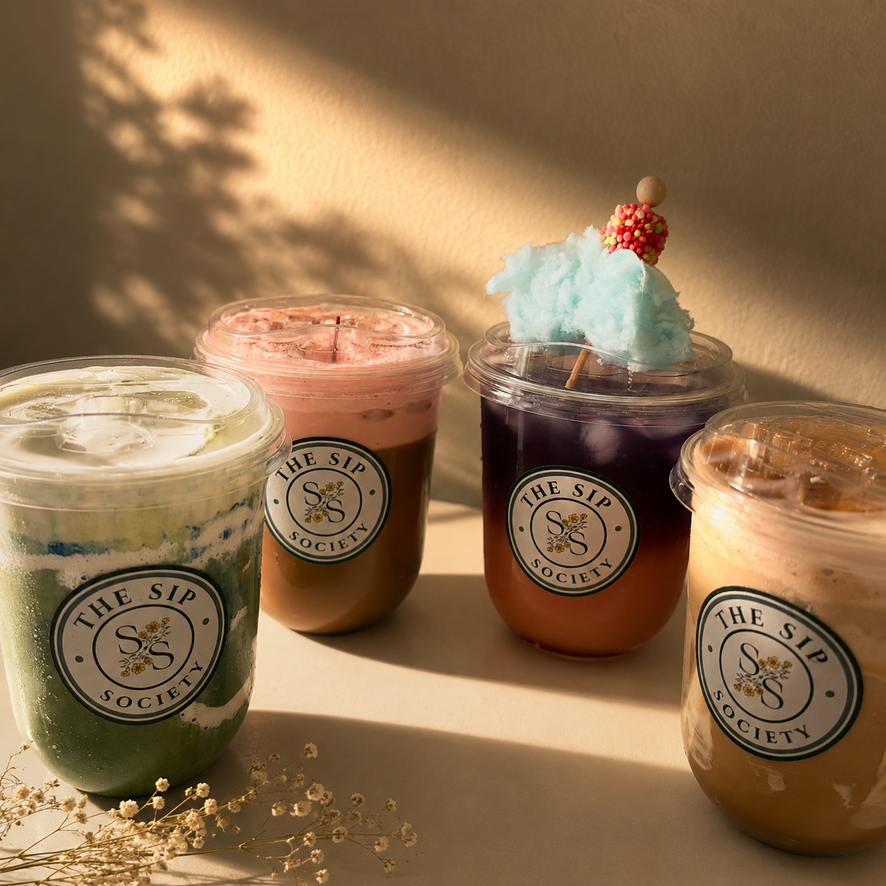 Four colorful drinks from The Sip Society, including a green beverage with cucumber slices, a pink drink, a dark purple drink with blue cotton candy and sprinkles, and a caramel-colored drink, arranged on a white surface with sunlight and shadows.