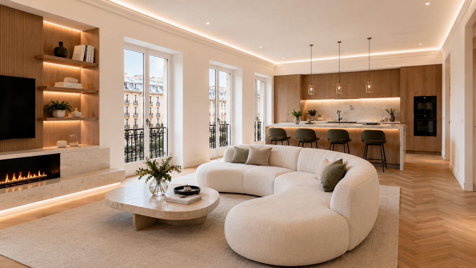 Sala de estar y cocina moderna con paredes blancas, suelo de madera, sillón beige en forma de media luna, mesa de centro de mármol, chimenea eléctrica, ventanas grandes con vista a edificios, cocina de madera con barra y sillas verdes, iluminación empotrada y colgante.
