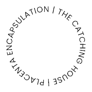 Gray circular badge with black text that reads 'The Catching House | Lactation Encapsulation' arranged in a ring.