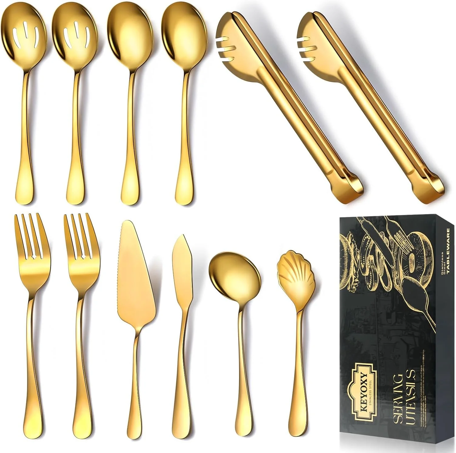 Set of gold-colored cutlery including forks, spoons, knives, and tongs, with a black box labeled 'Key Yoxy Serving Utensils' in the image.