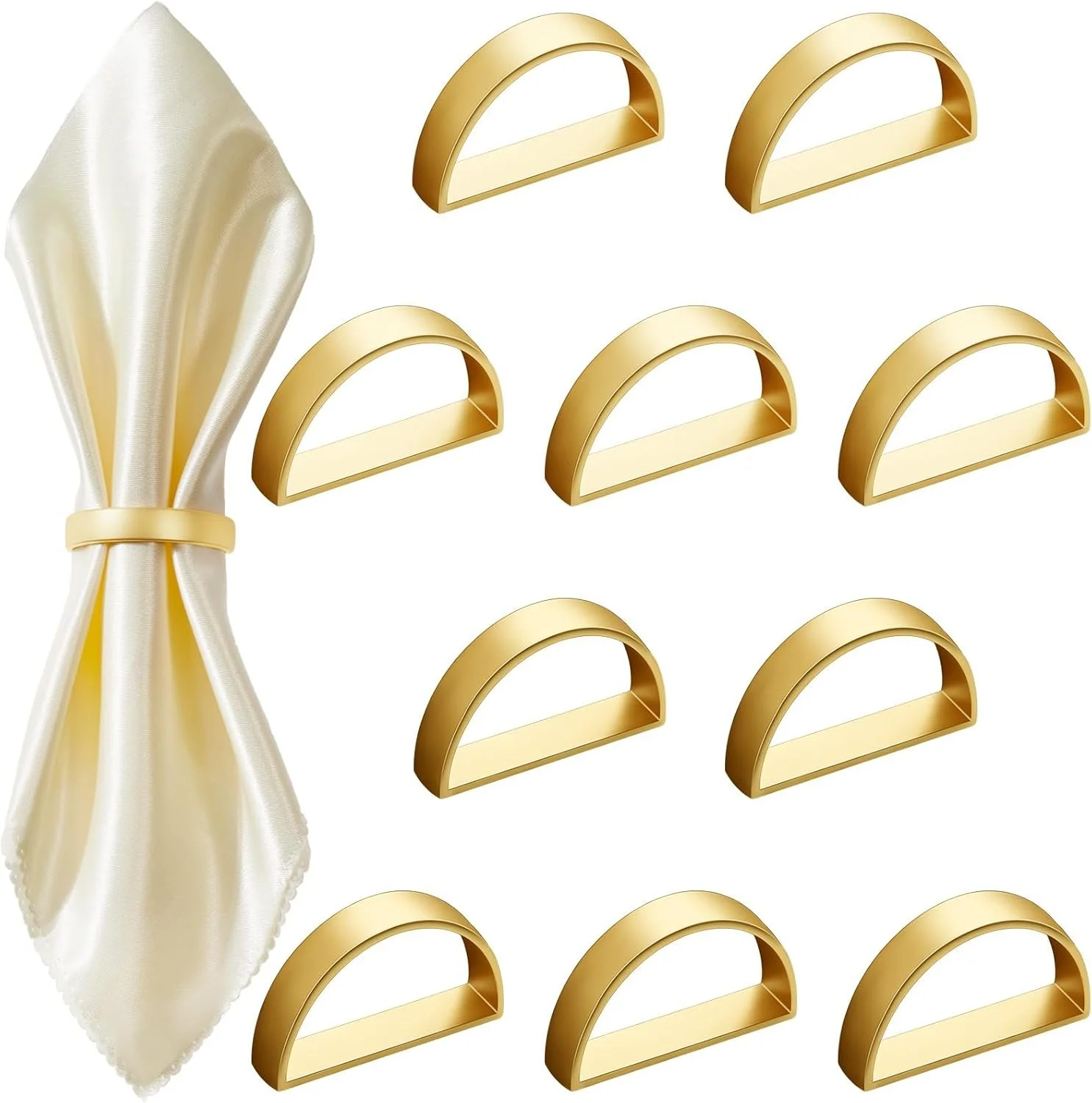 A set of gold-colored napkin rings arranged in a grid pattern with a gold silk napkin tied with a ring on the left side.
