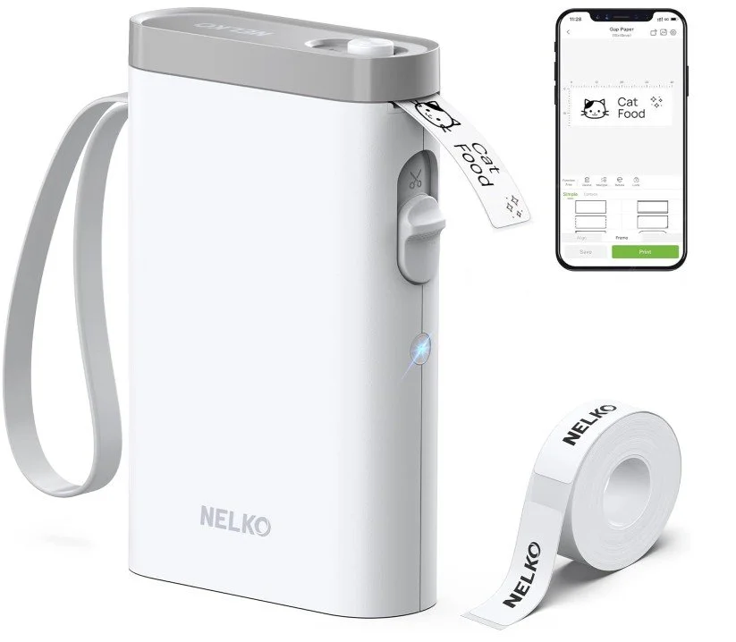 A digital label maker with a roll of labels, a smartphone displaying a label design, and a completed label reading 'Cat Food' with a cat icon.