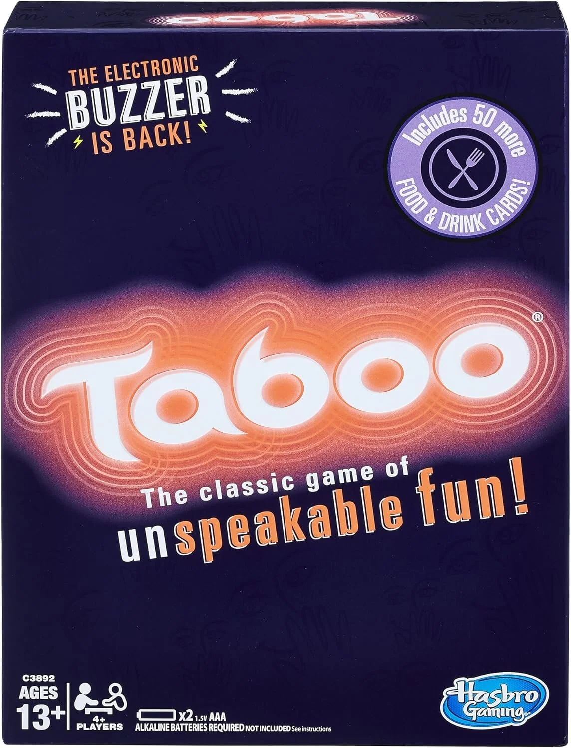 A purple box of Taboo game with neon-style logo, indicating it's a classic game of unspeakable fun, for ages 13 and up, for 4 or more players, includes 50+ food and drink cards, Hasbro Gaming branding.