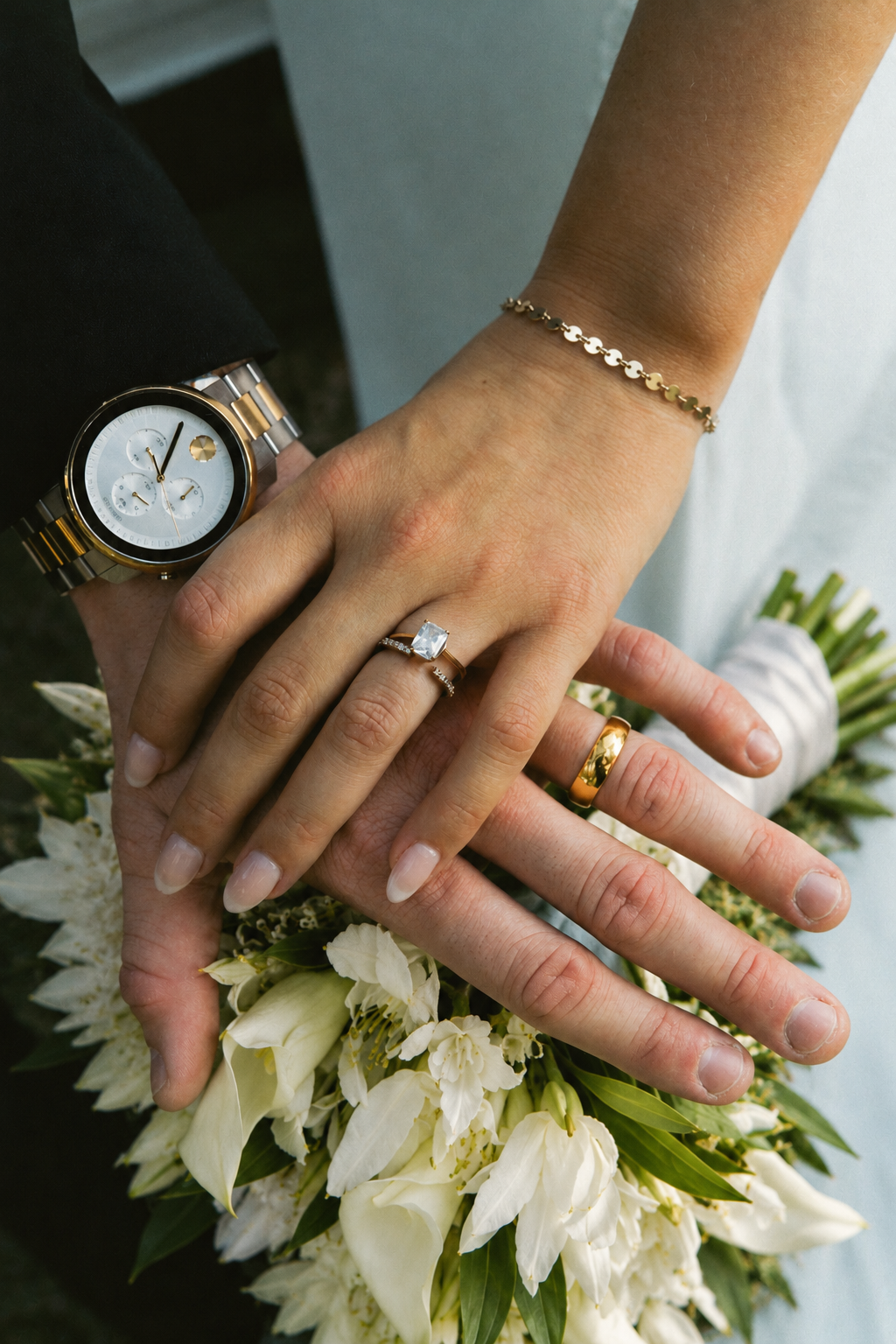 Close-up of a couple's hands with wedding rings, jewelry, and a watch, resting on a bouquet of white flowers and greenery.