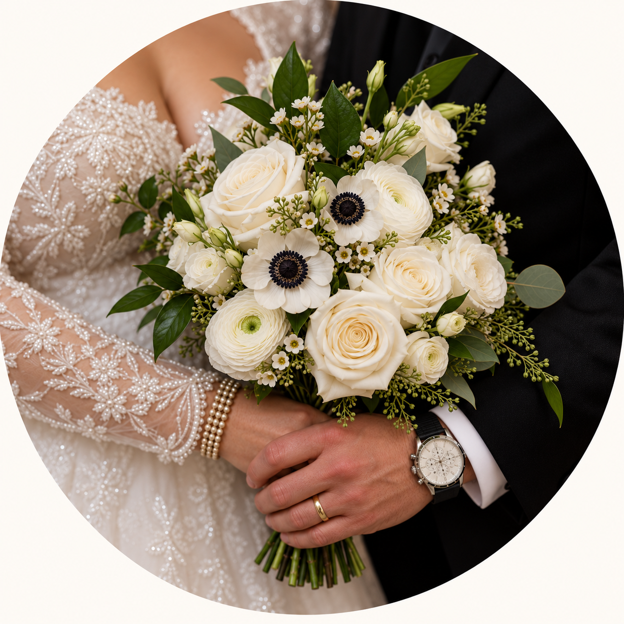 A bride and groom holding a bouquet of white roses, anemones, and greenery at their wedding. The bride is in a lace gown with beaded embroidery, and the groom is in a black suit with a watch on his wrist.