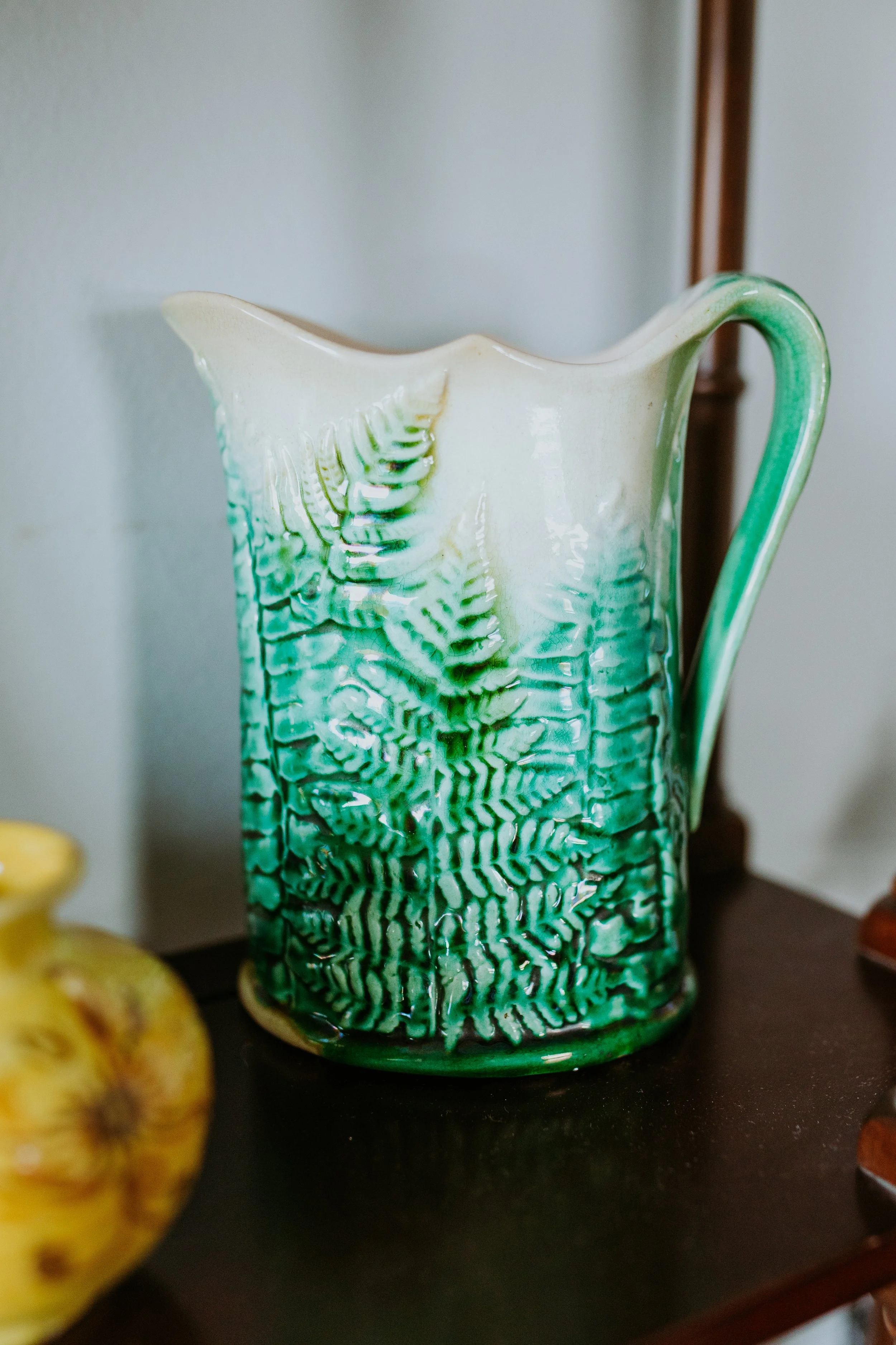 Antique Etruscan Majolica Emerald Fern Relief Pitcher