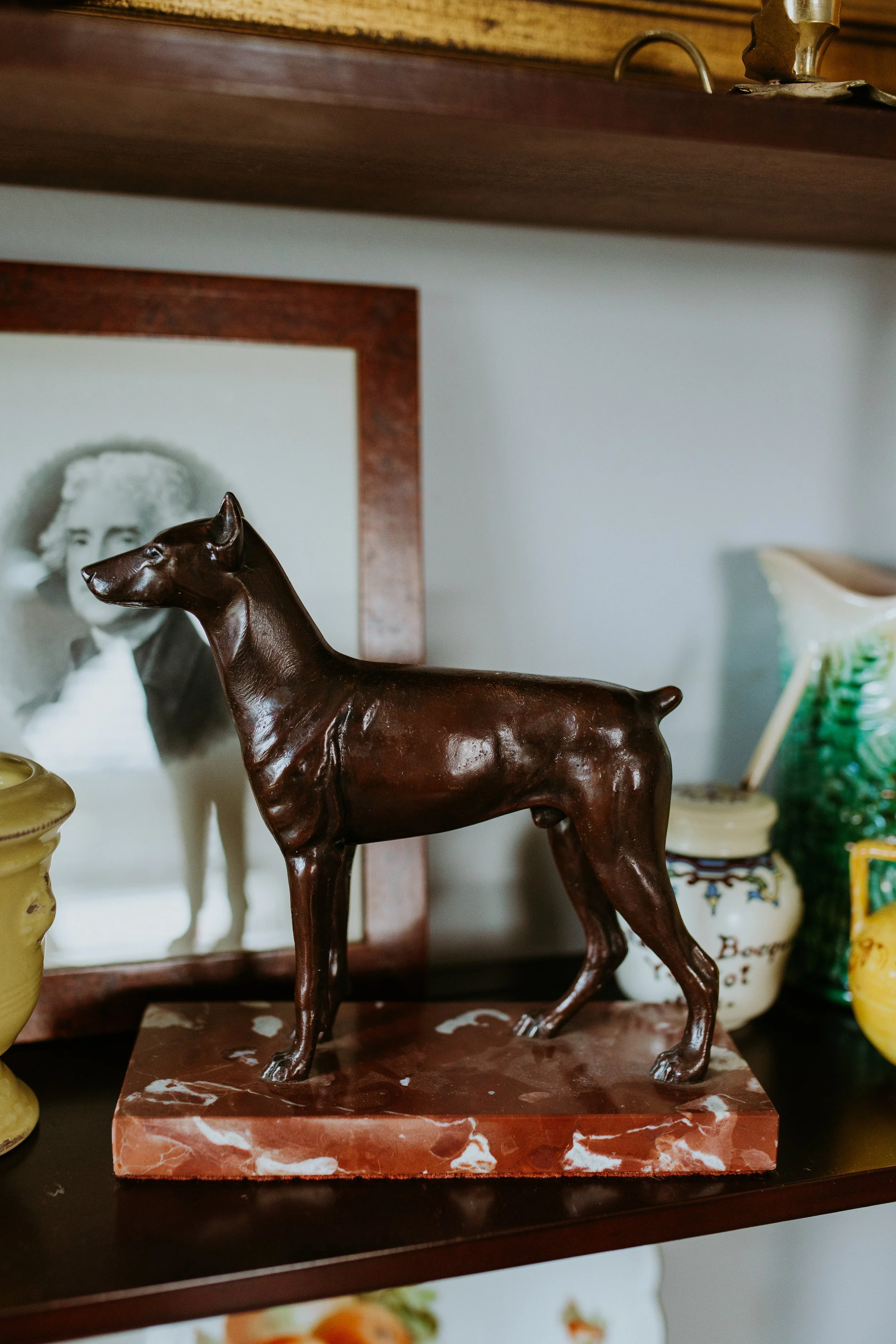 Vintage Bronze Doberman Pinscher Sculpture on Red Marble Base