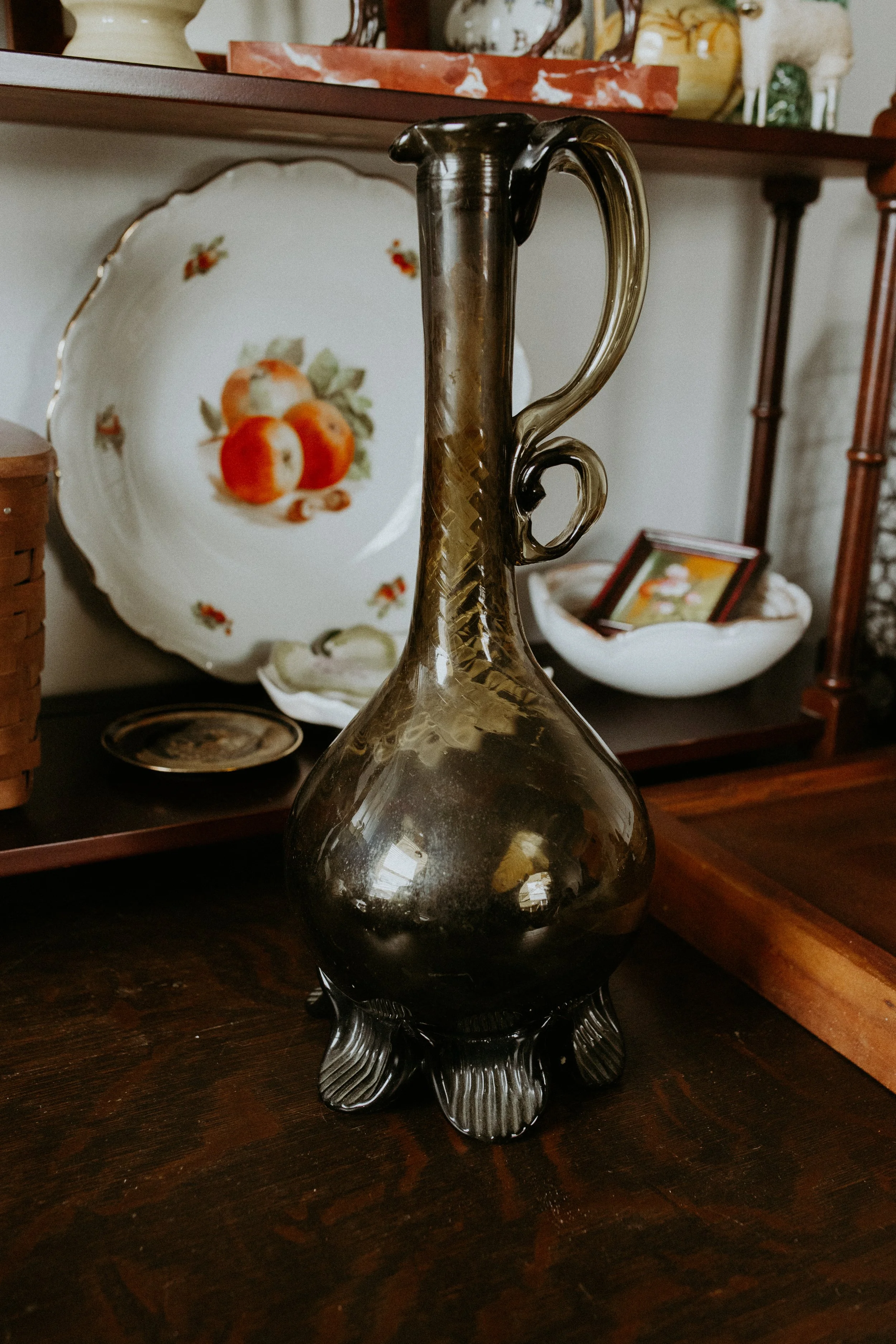 Antique Italian Hand-Blown Dark Olive Glass Oil Pitcher