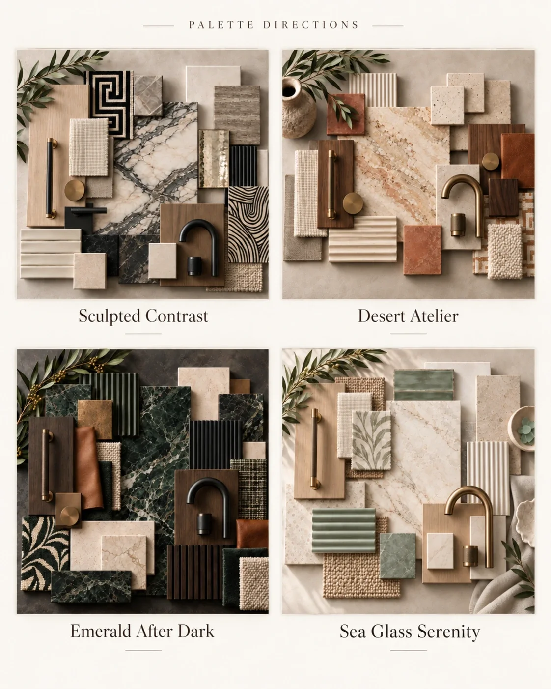 Four interior design palette mood boards featuring marble and stone, wood finishes, textured fabrics, tile, black accents, brass hardware, and varied color directions.