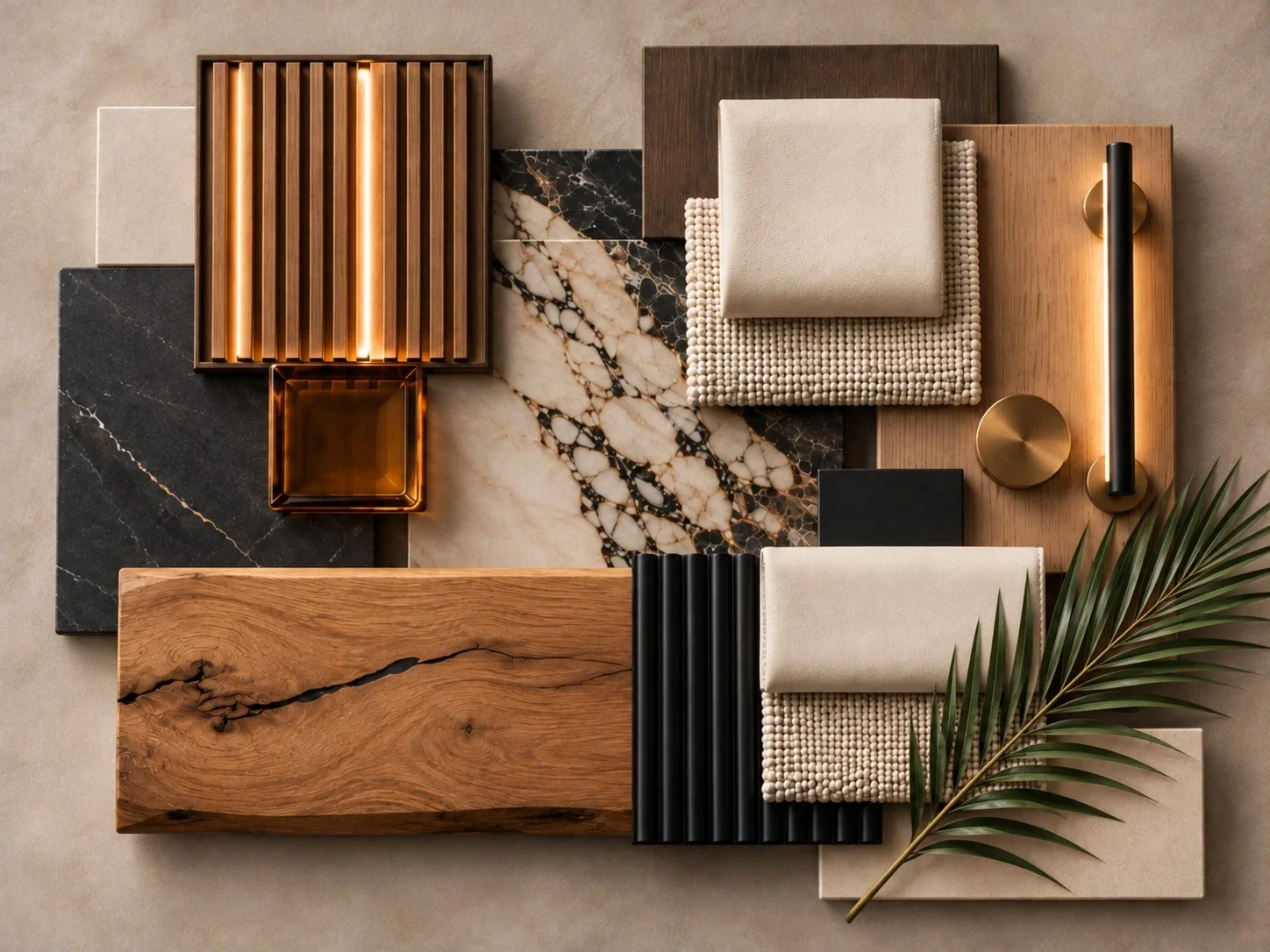 Rocky Patel Premium Cigars office material mood board featuring wood finishes, marble and stone, textured fabrics, black accents, brass hardware, and integrated lighting.